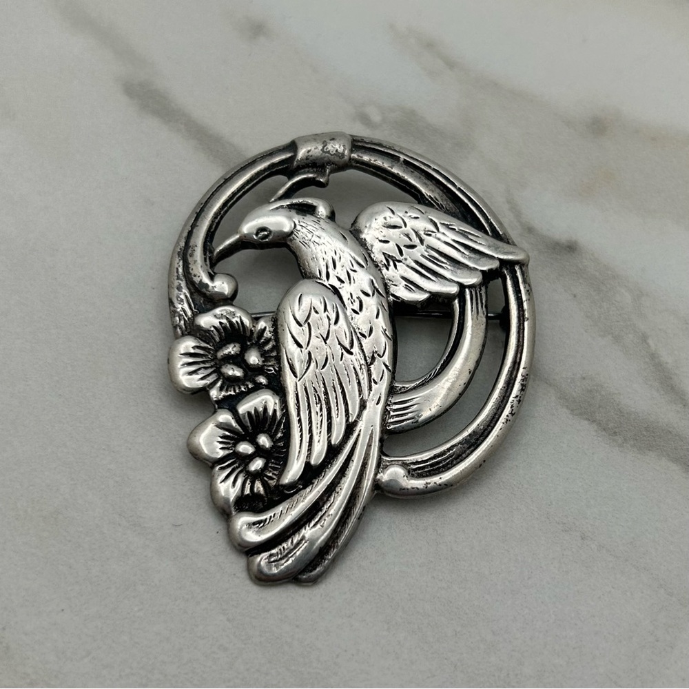 Vintage Sterling Silver Art Nouveau Brooch Pin w Bird And Flowers Floral Large